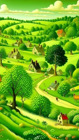A green grassy town with orchards painted by Edward Hicks