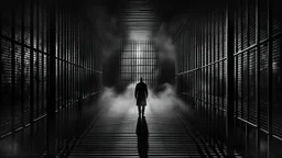 Parallels — endless prison bars, parallel lines, shadowy prison cell, hidden human figure with invisible face, dark cinematic atmosphere, existential symbolism, ultra realistic, haunting shadows, volumetric fog, psychological horror, masterpiece, high contrast, surreal realism, 8k