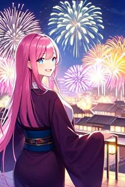 girl, masterpiece, best quality, cinematic lighting, detailed outfit, vibrant colors, perfect eyes, long hair, pink hair, blue eyes, kimono, fireworks, laughing, town, looking back,