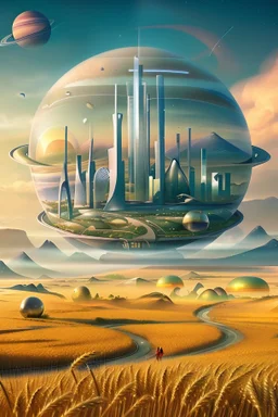 Prompt: A surreal landscape depicting a futuristic city with towering skyscrapers set within a giant spherical structure. In the foreground, winding roads traverse golden fields of wheat, interspersed with small houses and people walking. The background features a blend of natural and urban elements, with planets visible in the sky, creating a harmonious juxtaposition of nature and technology. The overall color palette leans towards soft pastels, evoking a dreamlike atmosphere.