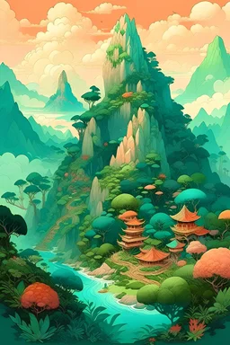 Beautiful mountain in multileveled tropical island, by Tjalf Sparnaay, by Johan Grenier, by Victo Ngai, by Android Jones, Cinematic fantasy landscape meticulously hyperdetailed photorealistic digital mixed media photoillustration, Muted Triadic pastel hues.