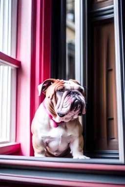 pink bulldog standing in a window