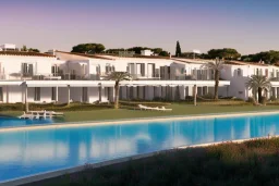 Sunset algarve in quinta do lago, a modern luxury villa apartments with 250 meters long and a pool on rooftop, with a separate clubhouse building facility with green roofs, overlooking the campus sport facility and inserted in the Ria Formosa Natural park, on a slope with pinus pinea, a wrap around low speed veicular road