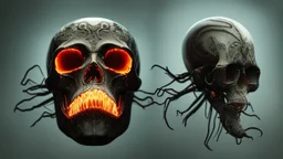 A beautiful highly detailed ornate intricate portrait of a flaming demon skull made of shiny obsidian glass :: reflective, glassy :: subtractive lighting, backlit :: by John William Waterhouse, Greg Rutkowski, HR Giger :: hyperrealistic, hyper detailed, photorealistic :: epic, incredible composition, amazing depth, meticulously composed, 16k resolution concept art :: fantasy magazine cover art