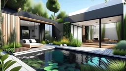 Generate a modern backyard around a house, with plants, a pool and space, and approximately 250 squared meters