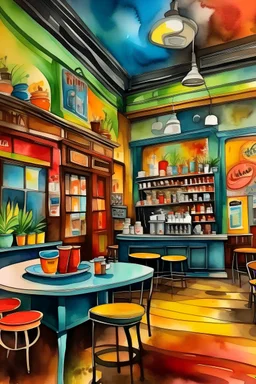 A watercolor painting of a coffee shop with surreal elements in vibrant colors