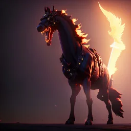  horse with black wings spewing flames from its mouth, holds a huge ax in his hand, and stands at the edge of the universe, steampunk, unreal 5, octane render, cinema4d, dynamic lighting, dramatic lighting, 4k, redshift render, highly detailed, hyper realistic