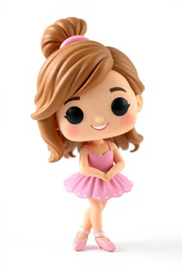 Funko figure of a very young female, smiling, medium very wavy light brown hair, wearing a ballerina dress, pink dress, ballet, very cute, ballet pose,. typography, 3D render. White background