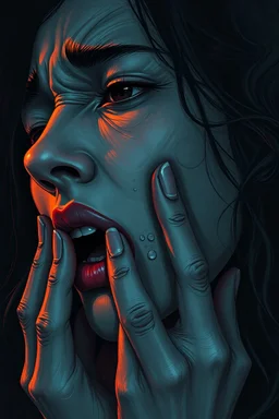 Hyperrealistic human woman cry and howling, pain, thriller, alone, dark colors, sharp focus, surreal shapes, faded colors, dark mood, surreal, dramatic atmosphere. intricate, stunning textures , illustration by Juan Brufal, by Esté MacLeoad, Cyril Rolando, Hayoa Miyazaki