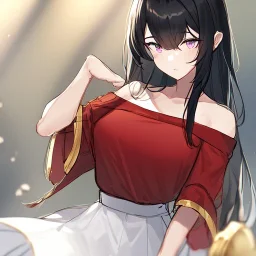 Clear focus, High resolution, rough line sketch, long fluffy black hair, purple eyes, off shoulder shirt, wearing a white skirt, red shirt with gold on the top