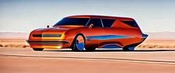 award winning car and driver photograph of a futuristic station wagon designed by only one vehicle per image painted metallic orange traveling at a high rate of speed, jet intake off of front center of vehicle and jet exhaust out the rear with bright blue flame, bilaterally symetrical, more a high speed road vehicle