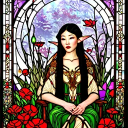 Stained Glass Art Nouveau art style A beautiful as a model asian woodland elf princess who looks like a young Lucy Liu seated on a throne surrounded by poppies and marijuana plants in a mystical forest, photo-realistic