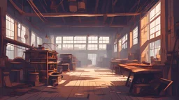 Vector. 2D animated. Digital painting, inside. Old Spinning and weaving factory. Minimal.