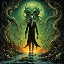 hell or high water, lovecraft, eldritch, by Ben Templesmith, by John Jude Palencar, by tim White, surreal expansive horror, radioactive UV blacklight effects, rich dark colors, elder ones August Derleth mythos, rich textures, detailed line work, dramatic epic masterpiece,