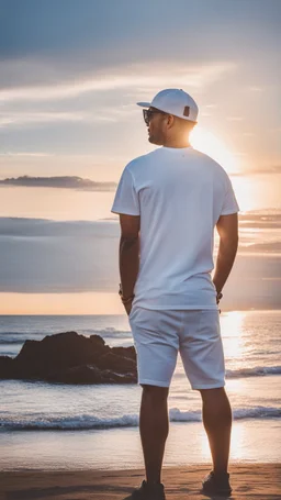 A man wearing a white Dad Hat, sunglasses, no chain, and looking at the sea and the sunrise