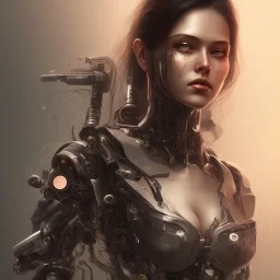 wonderfull portrait only woman half face robot rust, long black hair, intricate, sci-fi, cyberpunk, future,