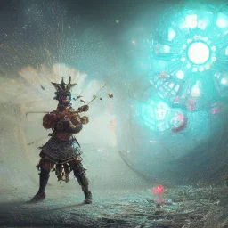 Insanely detailed photograph of an “ a duster wearing mariachi focusing on a glowing D20” with intricately detailed Sombrero, intricate armored charo, hyperdetailed painting by Ismail Inceoglu Huang Guangjian and Dan Witz CGSociety ZBrush Central fantasy art album cover art,8K, hdr, mysterious, flickeringlights ,Stoic