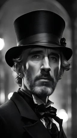 steampunks-style a standing figure young Jason Robards wounded face without a beard with a bowler hat dressed in elegant black in London at midnight