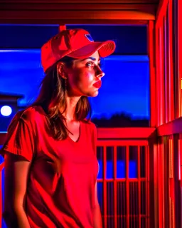 woman with a red baseball hat. leaning on a wooden balcony. night time. fantasy. studio lightining.