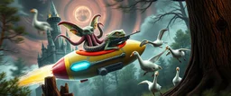 hairy macho gremlin octopus lizard alien couple living in a hi tech marvellous hot dog art graphics rocket with a mounted sling shot, heading for venus stone castle, background motion blur and smoke swirls, and cheeky geese through giant forest with thick tree stumps and grainy textured trees