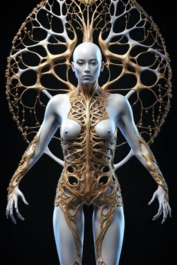 3D rendering of Expressively detailed and intricate of a hyperrealistic “human body”: front view, scientific, single object, glossy white, shinning gold, vines, tribalism, black background, shamanism, cosmic fractals, octane render, 8k post-production, detailled metalic bones, dendritic, artstation: award-winning: professional full body : a with head looks up , atmospheric: commanding: fantastical: clarity: 16k: ultra quality: striking: brilliance: stunning colors: amazing depth