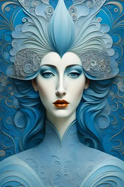 Masterpiece, full head on image, full image, Abstract, In the style of Aubrey Beardsley, Naoto Hattori, jean cocteau, accent soft blue color Masterpiece