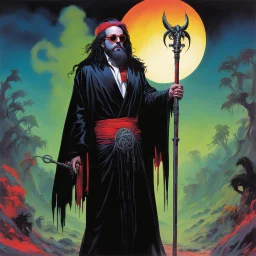 Art by Steve Rude: Elton John Zombie with black dreads and black wild beard as a fantasy necromancer holding a glowing black ram staff and wearing black magic robes