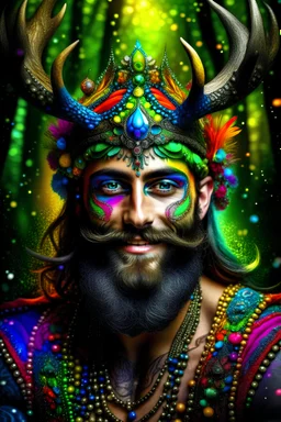 Handsome young smiling scruffy muscular jewel encrusted Cernunnos, symmetrical antlers, extremely long glittering beard , in a magic psychedelic rainbow forest, of sparkling glittering trees, diamonds, rubies, emeralds, sapphires, pearls, planets, signs of the zodiac, surrounded by orgiastic dwarfs, a gothic temple background , in the style of Frank Frazetta
