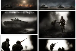 Masterpiece1:5)(Fineart), (award-winning:1.5), highest quality, (ultra realism:1.5) war journalism(,(by Tim Page and Hoorst Faas:1.5))(photorealistic:1.8),RAW pictures (Eastern Ukraine:(panel one:the moment after a battle ends, horrors of war, wounded men),(2nd panel, cinematic shot of men sitting in trench with 1000 yard stare (focus on their eyes:1.5)),(the third panel shows troops tired but hyper alert), (the fourth panel shows the sky is filled with incessant, fire and smoke,)