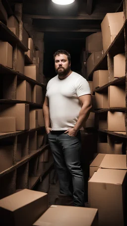 photography of a shy burly chubby muscular 28 year old sicilian man with short beard manly chest and white t-shirt, in a dark cellar full of cardboard boxes and old objects , look at camera, shy eyes, hyper realistic, Cinematic, 35mm lens, f/1.8, side light, dim lights, ambient occlusion , frontal view from the ground