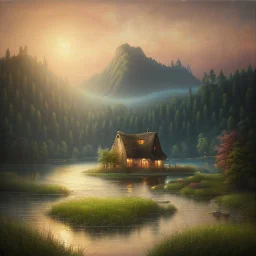 An exquisite oil painting capturing a dreamlike paradise, with a charming little farmhouse nestled by a calm lake. The farmhouse, with its rustic appeal, contrasts against the serene water, surrounded by a lush, verdant forest and rolling hills. The background unfolds into a dramatic landscape, featuring towering mountains and a stunning sunset sky that casts warm, vibrant hues across the scene. The artist's mastery is evident in the seamless blend of traditional oil painting techniques with the