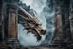 ancient creepy stunning dragon wizard with sandalwood color and from material in mystic fog, magician ancient ruins, fantasy art, perfect focus, detailed, high contrast, ultra quality, cinematic