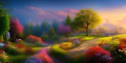 bright fairy, beautiful portrait, flowery landscape