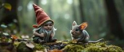 close up on pixie quickling gnome and a giant huge funny mouse, with background motion blur, in magical forest scene, in the style of Rembrandt