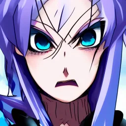 crystal blue eyes, and dark pink hair, teardrop shaped eyebrows, woman, angry expression, anime style, pointy ears