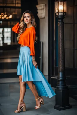 fullbody shot of young-beautiful-ozbek-with-a-perfect-face-with-make-up-wearing-orange top and midi pleated light blue skirt standing , prophesional photography studio