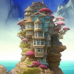  Skyscraper sea house between cliff ,sea cliff, hill peak,blue sky,detailed facades+beautiful,richly detailed houses,trees,ornamental flowers +uphill road+biopunk+Book illustration by Gediminas Pranckevičius, Jean Baptiste Monge, Brian Kesinger, Anton fadeev, strong lines,vibrant colors, highly detailed, 16k resolution