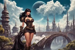 erotic sci-fi steampunk pin-up girl, with long dark hair with bangs, on an alien planet with cloud trees, tall spires, buildings, bridges, arches, photorealistic