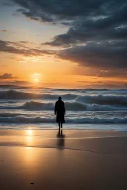 A lone figure walking along a vast, empty beach at sunset, their silhouette stark against the hyperrealistic sky reminiscent of the work of Halim Ghodbane, with crashing waves rendered in the detail of Jason De Graaf. (combines Halim Ghodbane & Jason De Graaf)