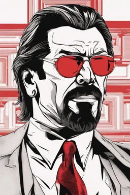 an muscular and menacing Hans Gruber wearing red-tinted glasses