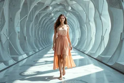 A full-body shot of a beautiful lady walking and looking at the camera 3D recursive math structure environment