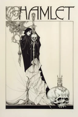 A shadowed hand holds a highly detailed, hand drawn skull, anatomically correct, with a crown hovering above, representation of Hamlet by John Austen, in the Aubrey Beardsley style, inspired by the gothic, macabre and fantastical, highly aesthetic, art nouveau design with striking black-and-white illustrations with hints of Red, Beardsleyesque, high quality, modern classical art, Hamlet Skull