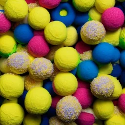 a mountain made of yellow tennis balls and extremely coloured doughnuts