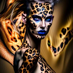 candy leopard, portrayed with the intricate facial features and extremely detailed pupils characteristic of Stefan Gesell's style, blended with the elongated forms and dramatic chiaroscuro reminiscent of El Greco, conveyed through a light painting technique with push processing, incorporating holographic elements for a dreamy, vibrant effect, soft skin texture, clarity achieved, supporting a perfect composition, cinematic atmosphere, delicate detail