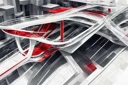 Architectural drawing of a futuristic pedestrian bridge, from above white, red and black colors