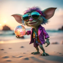 hairy pimp groove funk kobold gremlin hippie holding disco ball on beach ,bokeh like f/0.8, tilt-shift lens 8k, high detail, smooth render, down-light, unreal engine