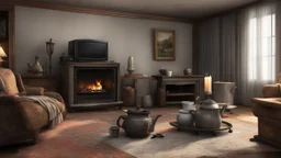 Photorealistic old woman's living room. Comfortable but not large, a sidetable and older tv. The recliner faces the tv. A small stool on wheels sits beside the tv. There is an open fireplace with coal fire. The drapes appear to be hand sewn and tidy. Tray with teapot and milk jug and cup on table.