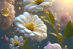  white and gold crystal subtle flower in a galactic ambiance, transparent petals, delicate colors, in the foreground, full of details, smooth, bright sunshine，soft light atmosphere, light effect，vaporwave colorful, concept art, smooth, extremely sharp detail, finely tuned detail, ultra high definition, 8 k, unreal engine 5, ultra sharp focus