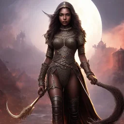 fantasy setting, insanely detailed, dark-skinned woman, indian, black wavy hair, warrior, magician