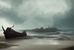 Broken viking longboat shipwrecked at a pebbled beachside, fantasy, mystical, lightshafts, storm in the distance, silhouettes coming from the boat